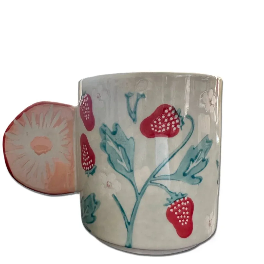 Ceramic Strawberry Print Coffee Mug with Flower Handle - Picture 2 of 4